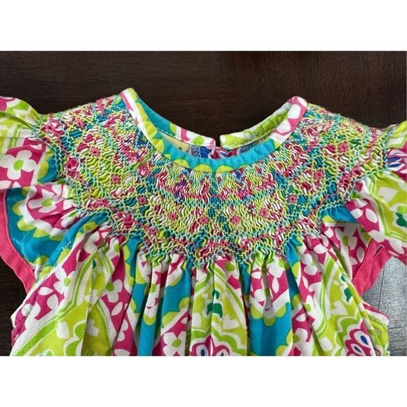 LE ZA ME MULTI-COLOR PRINT SMOCKED DRESS -12M - Picture 6 of 9